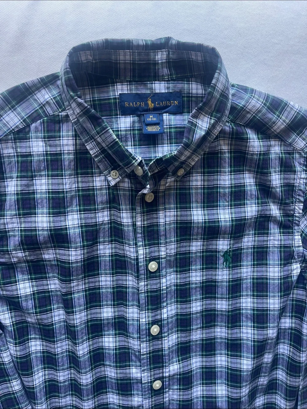 Ralph Lauren Boys Size 10-12 Navy, Green & White Plaid Button-Down Shirt